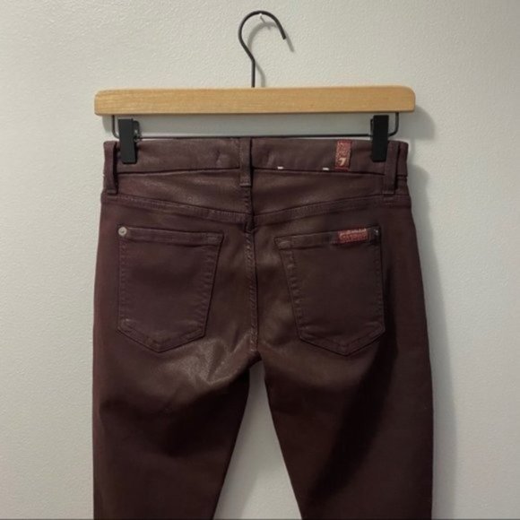 7 For All Mankind Burgundy Distressed Coated Skinny Jeans Size 25 Boho Grunge - Picture 5 of 8